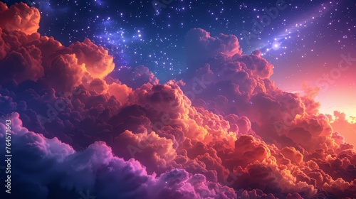Mystical night sky featuring colorful clouds and soft  glowing stars