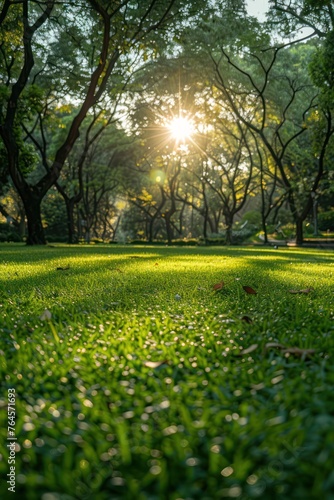 Beautiful landscape of a city park, with beautiful grass, trees and sun