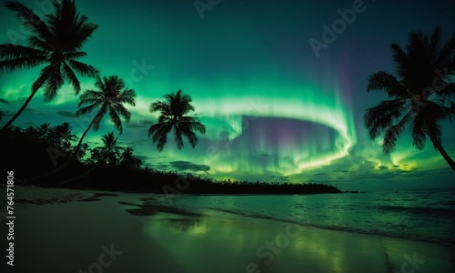 Northern lights in the night sky over a beach with palm trees