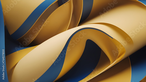 A 3d render of abstract curves of golden blue and white color background ,abstract background with waves,Generative Ai,Ai