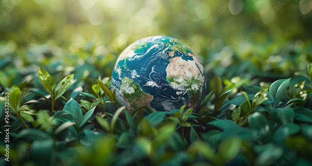 Portrait of a small planet Earth surrounded by greenery everywhere ...
