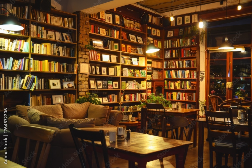 A charming cafe with warm lighting, comfortable seating, and shelves filled with books inviting patrons to relax and unwind, Generative AI A charming cafe with warm lighting, comfortable seating, and shelves filled with books inviting patrons to relax and unwind, Generative AI