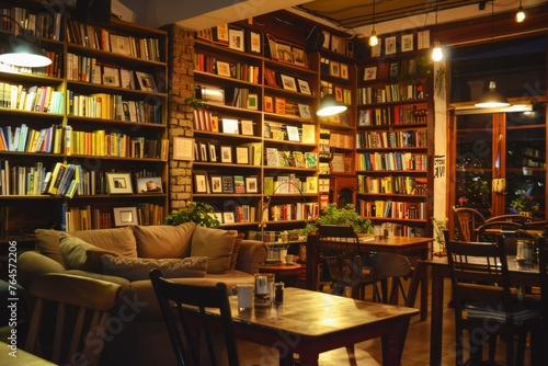 A charming cafe with warm lighting, comfortable seating, and shelves filled with books inviting patrons to relax and unwind, Generative AI
