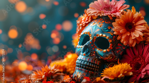 ask day of the dead, sugar skulls, colorful, flowers, top angle, right copy space.