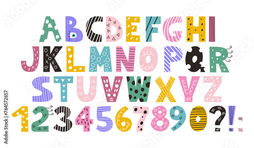 Latin colorful alphabet and numbers from 0 to 9 in the style of doodles. Cute bright vector English capital letters, funny hand drawn font