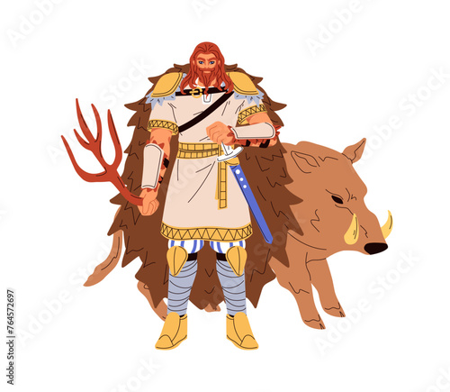 Freyr, Norse god. Nordic Lord, Frey, pagan mythology, legend character. Old ancient Scandinavian Barbarian deity. Legendary fiction flat graphic vector illustration isolated on white background
