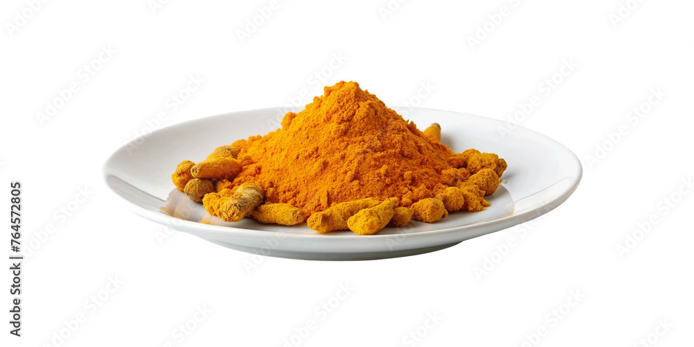 Turmeric powder in white plate isolated on Transparent background. Turmeric powder in white plate isolated on Transparent background.