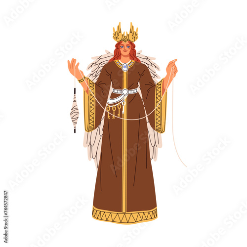 Frigg, Norse and Germanic goddess. Old Scandinavian woman, lady deity, ancient pagan Nordic mythology. Barbarian myth character. Flat graphic vector illustration isolated on white background