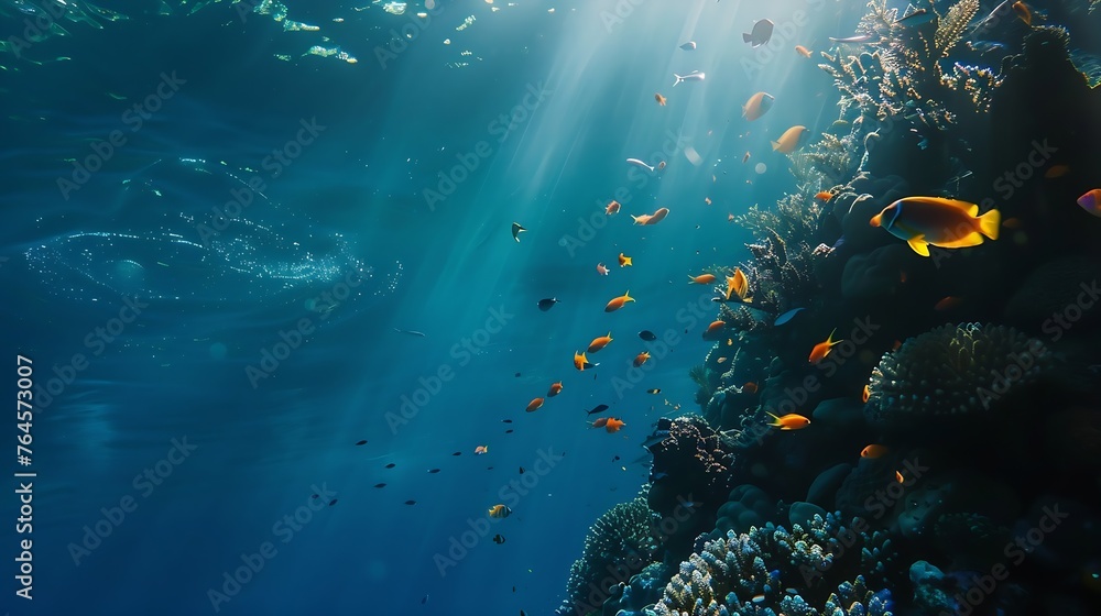 Generative AI : underwater in the deep blue ocean with colorful fish and marine life 
