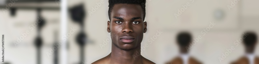 African American young man stands with a determined look in a gym, reflected in a mirror showing his dedication to fitness African American young man stands with a determined look in a gym, reflected in a mirror showing his dedication to fitness