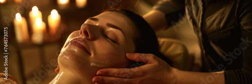 A woman lying down while a masseuse is giving her a facial massage at a spa. The woman looks relaxed and comfortable