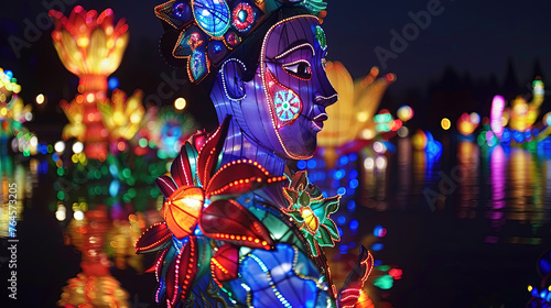 A statue of a person with bright lights illuminating it from all sides