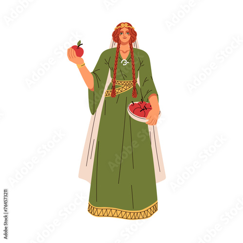 Idun goddess, Norse Scandinavian mythology. Old Germanic pagan woman deity of youth. Mythical female character, Ydun with apples. Flat graphic vector illustration isolated on white background