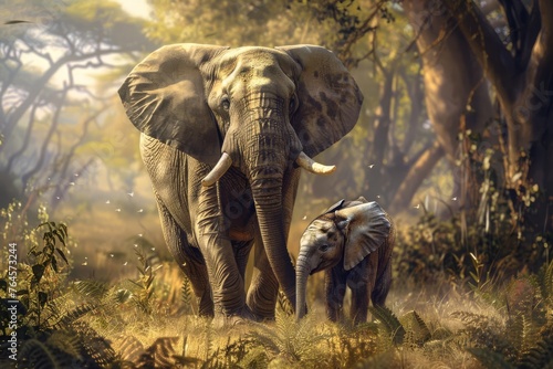 A heartwarming, realistic digital painting of a gentle elephant mother and her playful calf in a lush, African savanna