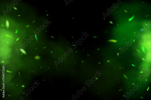 Green sparks with Fire and green smoke effect. Burning particles flames Elements, campfire, magic glow overlay