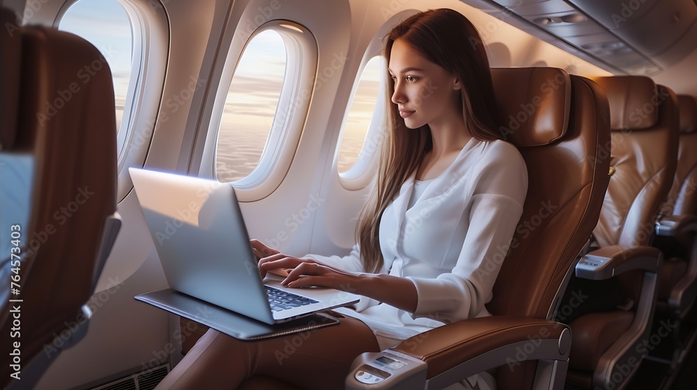 Generative AI : Flying at first class. Pretty young businees woman working on laptop computer while sitting in airplane. Generative AI : Flying at first class. Pretty young businees woman working on laptop computer while sitting in airplane.