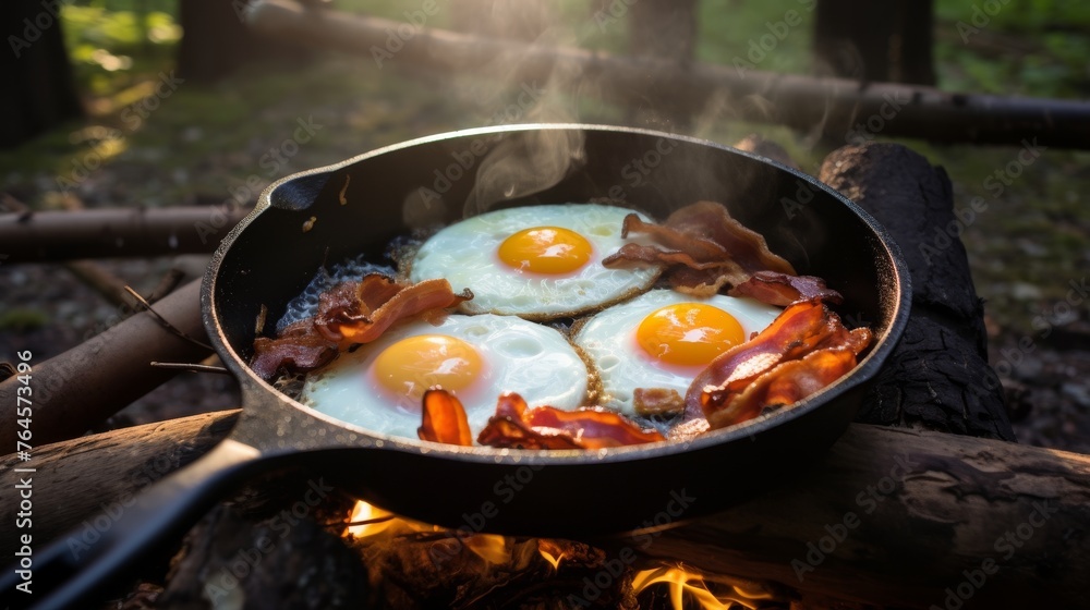 Camping breakfast with bacon and eggs in a cast iron skillet Camping breakfast with bacon and eggs in a cast iron skillet