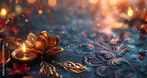 wallpaper design of a Diwali celebration frame on a bluish golden banner with space for copy