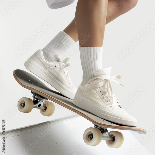 skateboard riding, white skate shoes, preparing for the trick,  isolated on the white