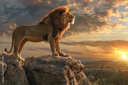 A majestic, photorealistic 3D rendering of a proud lion standing atop a rocky cliff, overlooking a vast savanna at sunset