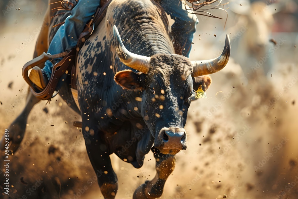 Bull rider holding tight as bull bucks in rodeo arena showcasing raw power and excitement. Concept Rodeo Events, Bull Riding, Western Lifestyle - obrazy, fototapety, plakaty 