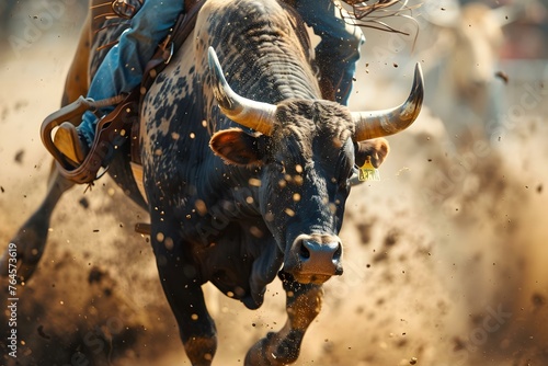 Bull rider holding tight as bull bucks in rodeo arena showcasing raw power and excitement. Concept Rodeo Events, Bull Riding, Western Lifestyle photo
