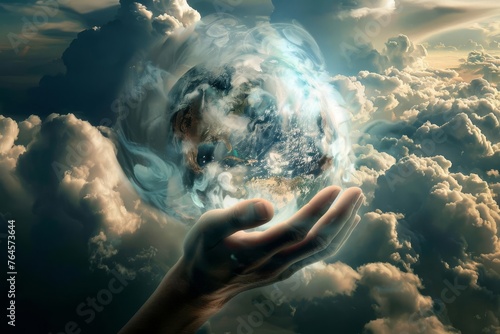 A powerful illustration of a giant, omnipotent hand emerging from the clouds, holding the Earth in its palm photo