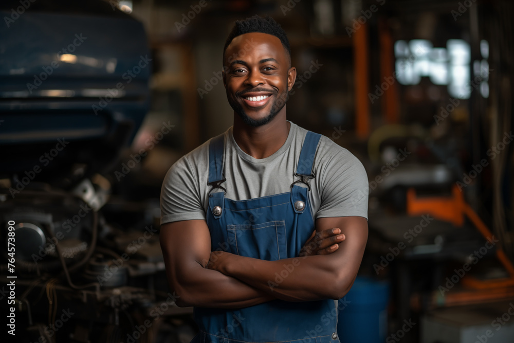 Smiling mechanic black man. Automotive professions. Job offer. Job Search. Machine repair professions. Black man. Africa. Afro american. AI. Smiling mechanic black man. Automotive professions. Job offer. Job Search. Machine repair professions. Black man. Africa. Afro american. AI.