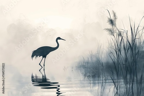 A serene, minimalist illustration of a graceful crane standing in a tranquil, misty pond, digital art © furyon