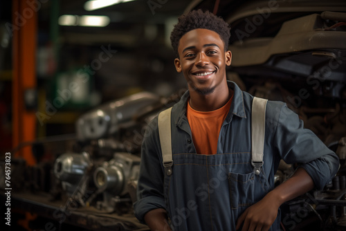 Smiling mechanic black man. Automotive professions. Job offer. Job Search. Machine repair professions. Black man. Africa. Afro american. AI.