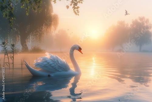 A stunning  photorealistic 3D rendering of a graceful swan swimming in a serene  misty lake at dawn