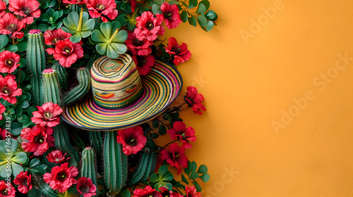 Fantasy fiesta cinco de mayo colorful, cactus and sombrero hat, yellow green red background. © Nim