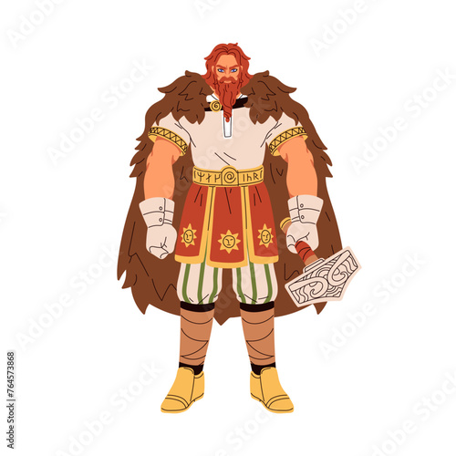 Thor, pagan deity. Ancient Nordic god. Barbarian folk character of old Scandinavian and Germanic mythology, legend. Lord with hammer. Flat graphic vector illustration isolated on white background