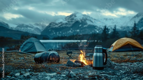 Camping With thermos and mountains in the background © Media Srock