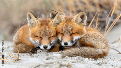 Two young red foxes snuggle together on a sandy beach. wild baby red foxes in green grass  Generative Ai