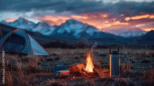 Camping With thermos and mountains in the background