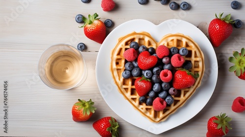 Heart-shaped waffles topped with blueberries, raspberries, and strawberries, served with honey and a refreshing beverage, perfect for a sweet breakfast or brunch.