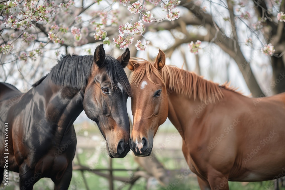 horses with foreheads touching under a blooming cherry tree horses with foreheads touching under a blooming cherry tree