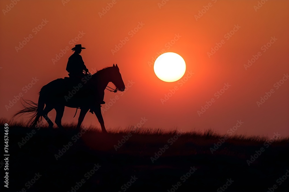 Silhouette of a Lone Rider on Horseback at Sunset with Modern Technology Visible. Concept Western Cowboy, Sunset Photography, Lone Rider, Horseback, Modern Technology Visible