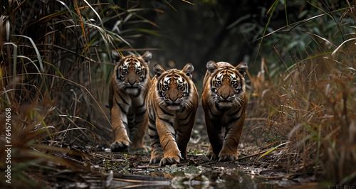 An abstract photograph of tigers that captures layers of vibrant hues across the canvas of the frame, evoking a sense of ethereal movement & emotion through masterful use of composition & technique 
