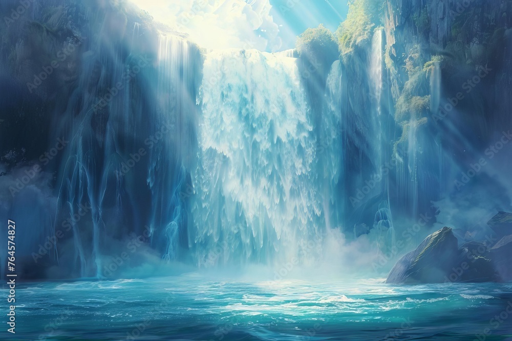 An awe-inspiring, photorealistic illustration of a majestic, divine waterfall cascading from the heavens into a pristine, ethereal pool - obrazy, fototapety, plakaty 