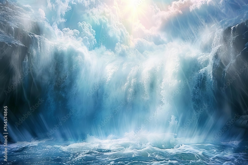 An awe-inspiring, photorealistic illustration of a majestic, divine waterfall cascading from the heavens into a pristine, ethereal pool - obrazy, fototapety, plakaty 