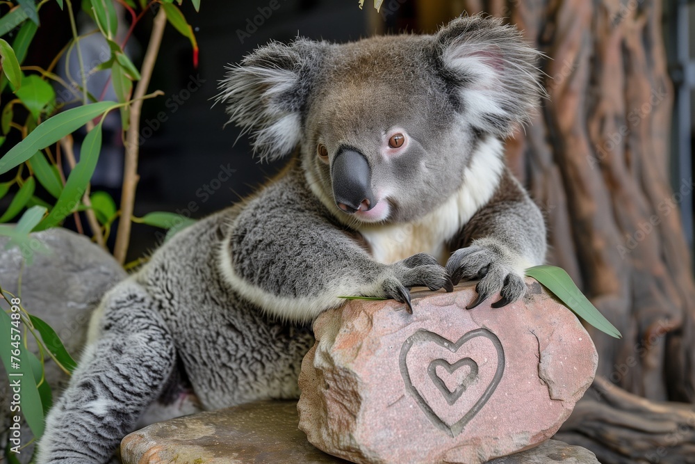 Fototapeta premium koala in zoo habitat, leaning on a heartengraved stone