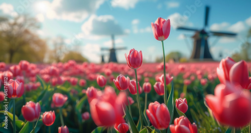 Closeup image of a tulip garden with tall and old windmills in the background on a bright sunny day 