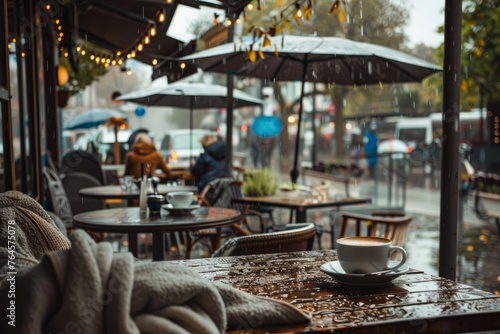 A cozy cafe on a rainy day, with patrons cozied up with blankets and umbrellas, sipping on comforting beverages and watching the raindrops fall, Generative AI