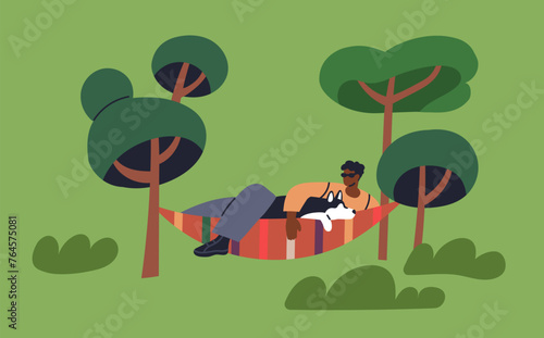 Black man and dog relaxing in hammock among trees. Pet owner and puppy lying, resting in nature outdoors on summer holiday, vacation leisure time. Lazy relaxation outside. Flat vector illustration