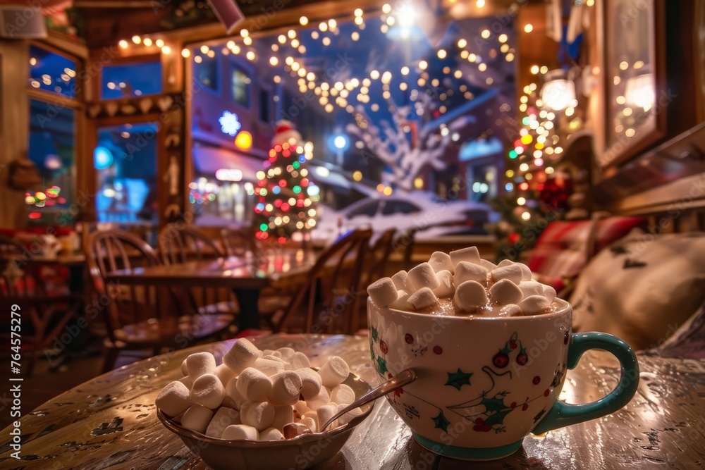 A cozy winter cafe adorned with twinkling holiday lights, festive decorations, and steaming mugs of hot cocoa topped with marshmallows, Generative AI