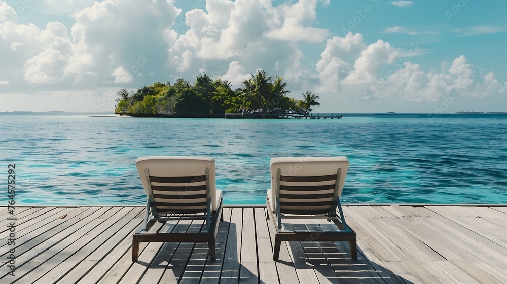 Generative AI : deckchairs on jetty in front of tropical island