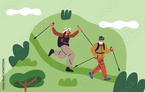 Couple hiking, trekking with walking poles. Happy man and woman hikers in summer holiday adventure, travel. Active tourists on trail, track, trace, path outdoors in nature. Flat vector illustration