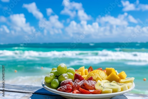 oceanfront brunch with a fruit platter on a sunny day